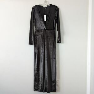 WAYF Metallic Black Long Sleeve Wrap Maxi Evening Dress Size L Deep V Neck